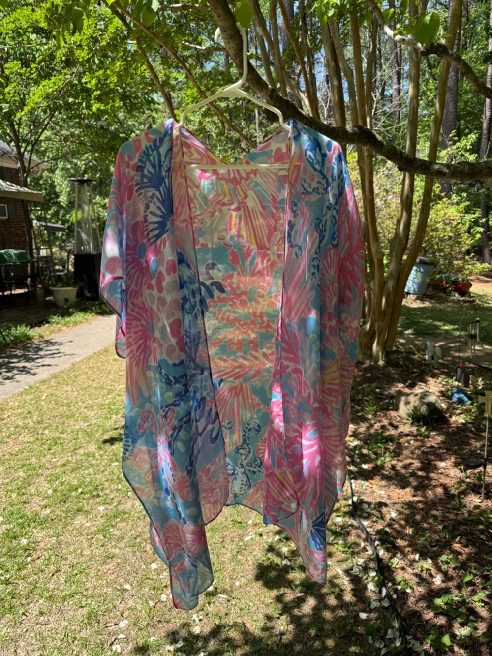 Sheer Floral Kimono Cover-Up - Pink & Blue